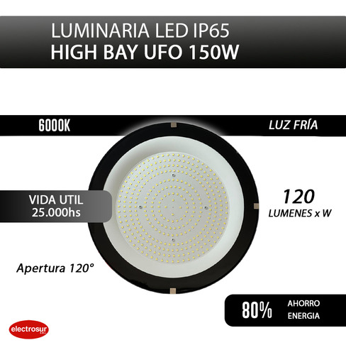 Colgante Galponero Alta Potencia Highbay 150w Blanco Frio Negro - Imagen 2